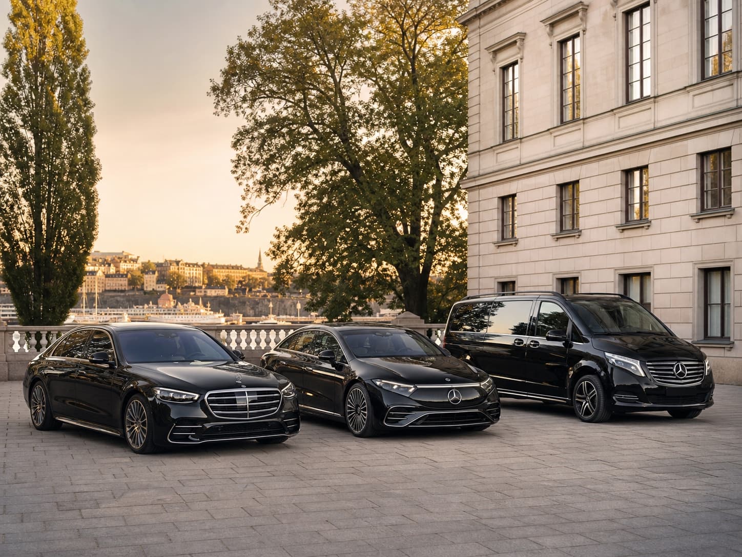 Chauffeurs working beside black Mercedes-Benz vehicles