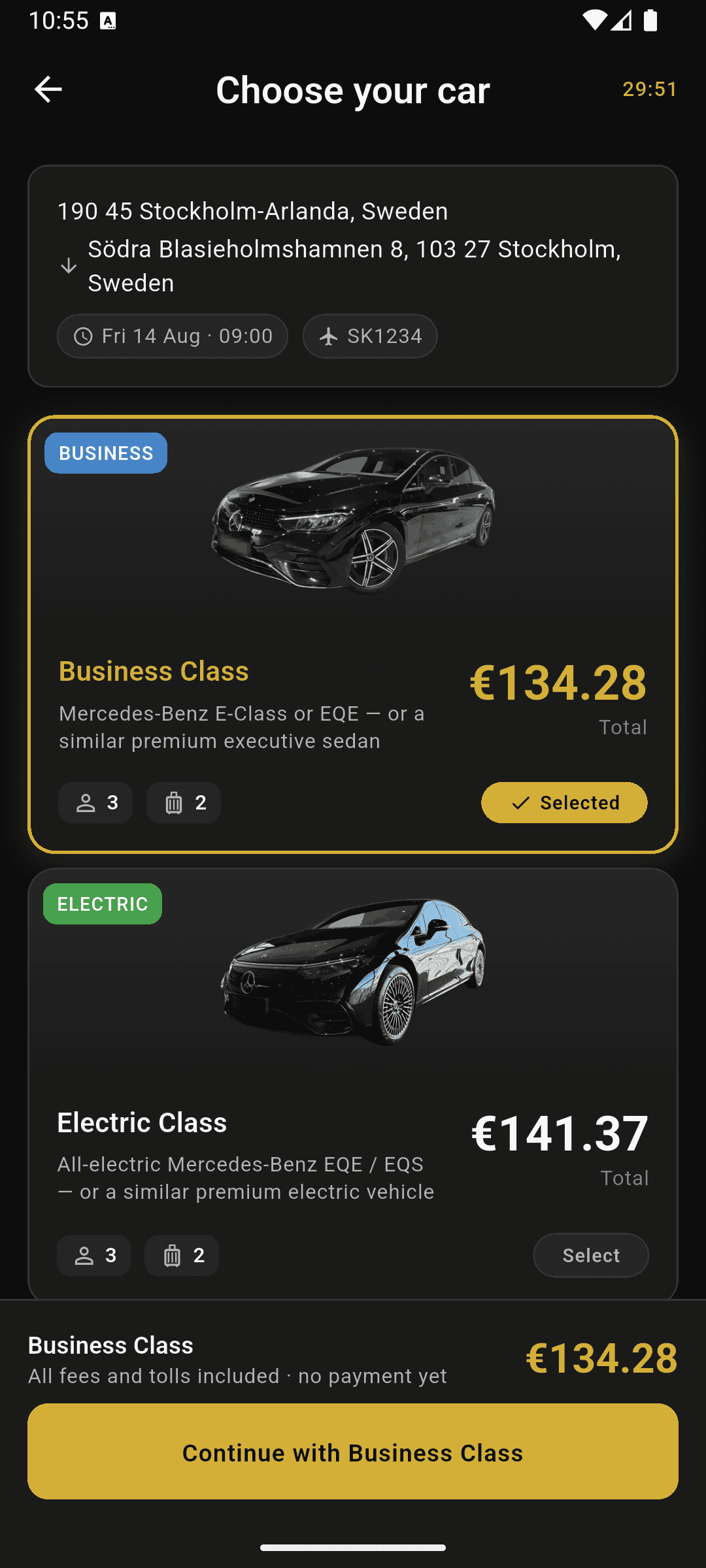 TheLimoLane app showing a fixed total for an Arlanda to Stockholm transfer, with Business and Electric Mercedes classes